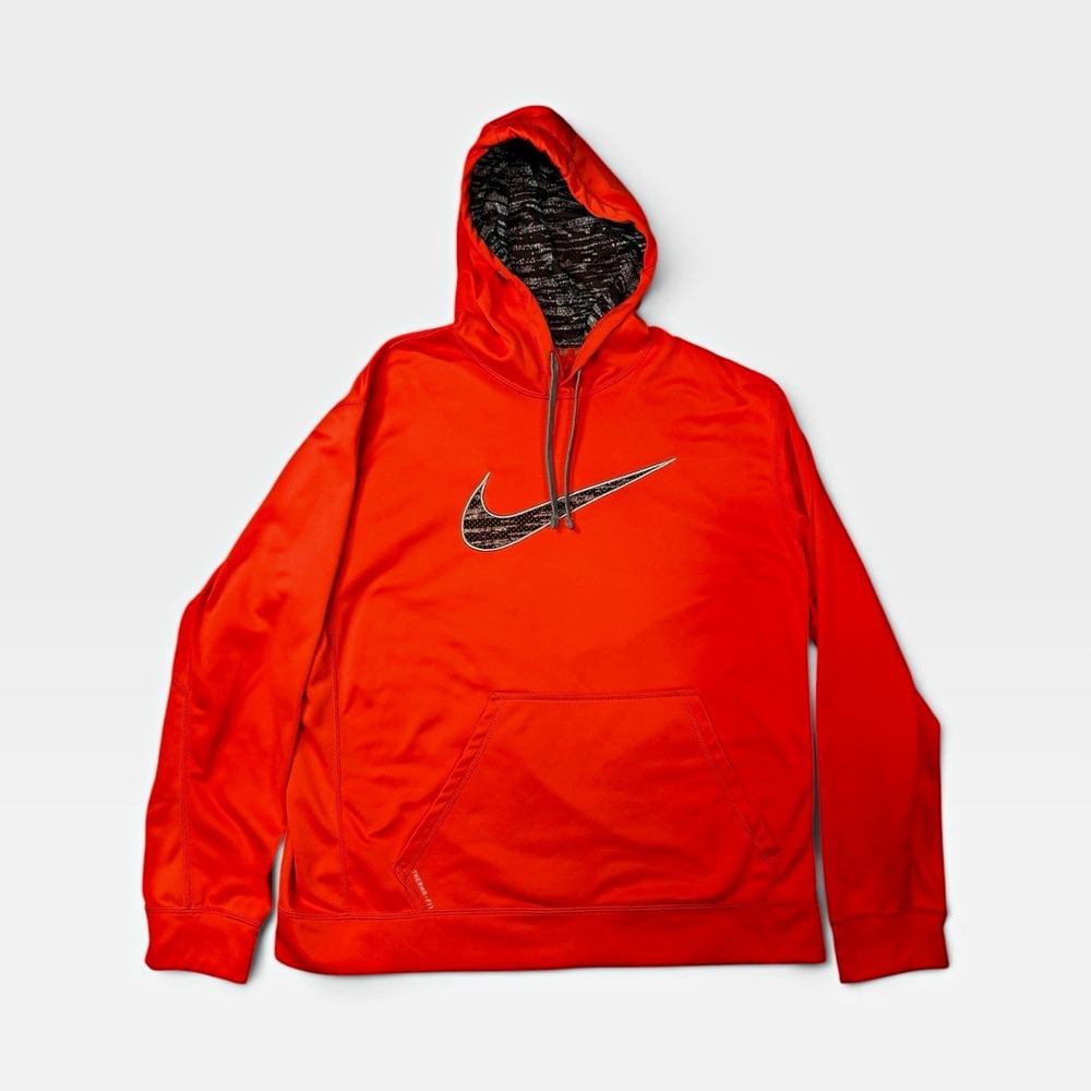 Nike Therma-FIT Orange Fleece Pullover Hoodie Kangaroo Pocket Logo Men's XL
